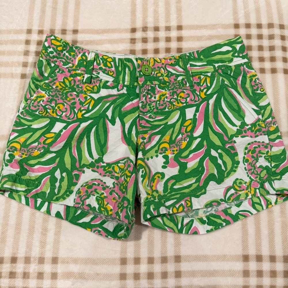 Lilly Pulitzer Callahan Shorts Green Pink Tropical Floral Seersucker Womens 2